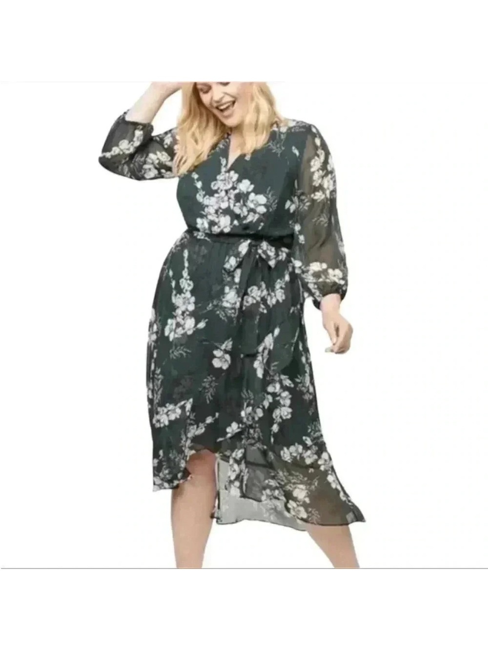 Lane Bryant Forest Green Floral High-Low Wrap Dress